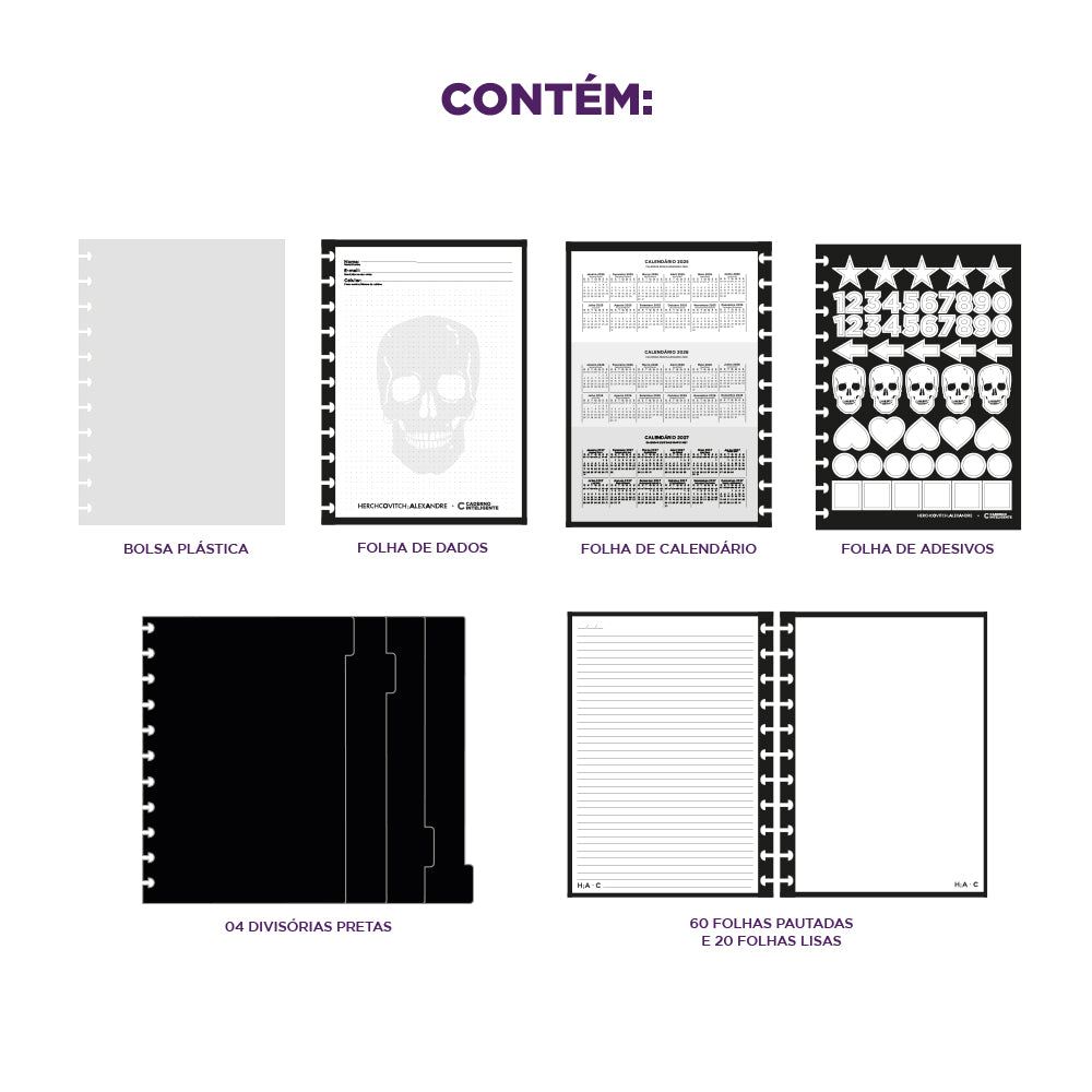 Itens que vêm ao comprar o Caderno Black Ink.