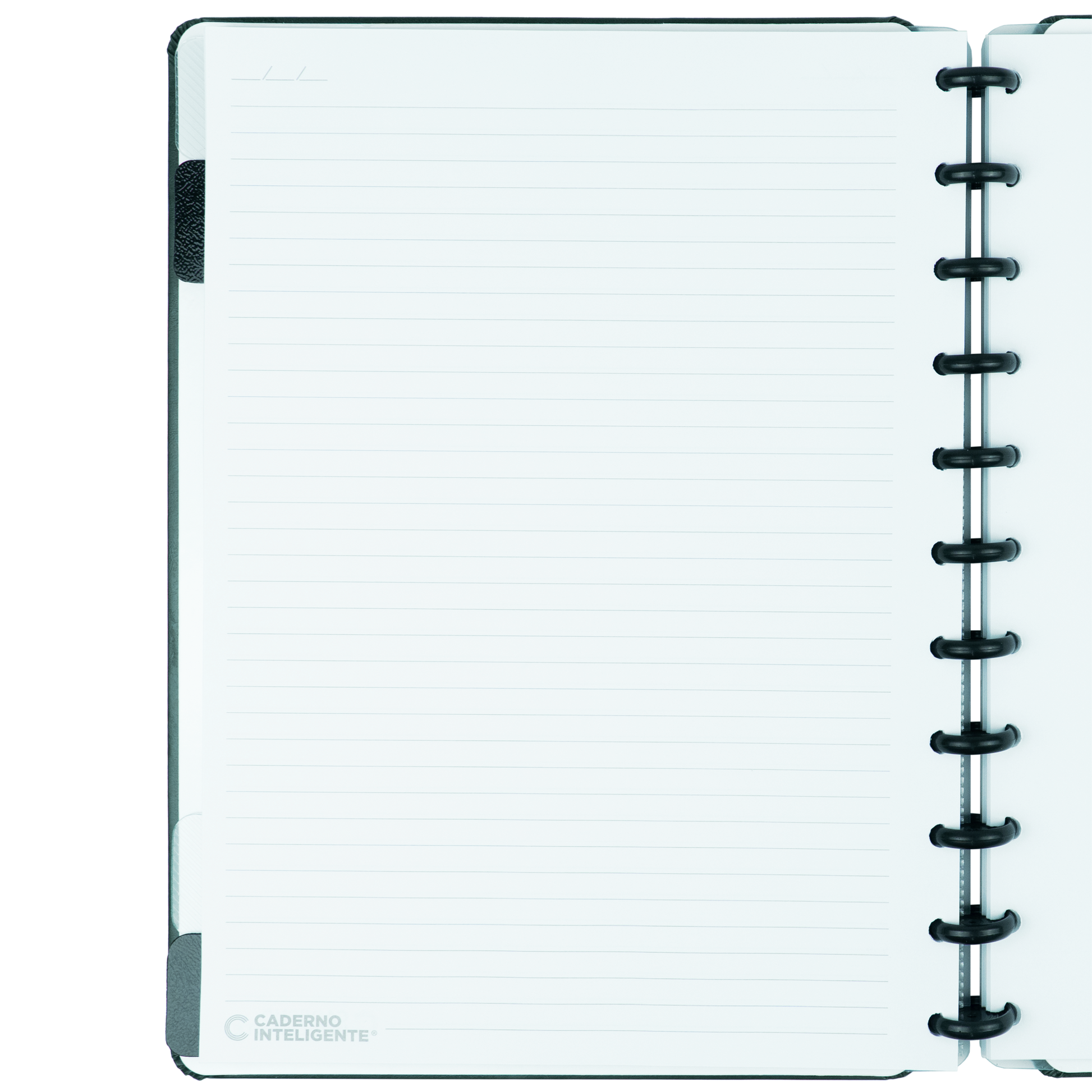 Caderno Casual Dark Green Grande, folha pautada estilizada.