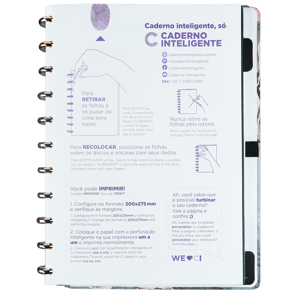 Folha de informações do Caderno Deluxe Onyx Grande.