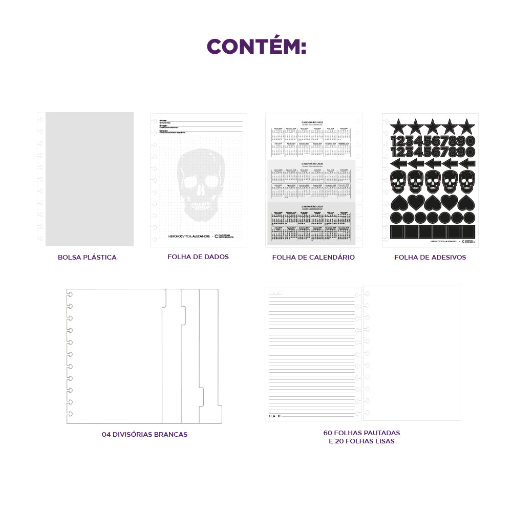 Itens que acompanham o Caderno White Ink.