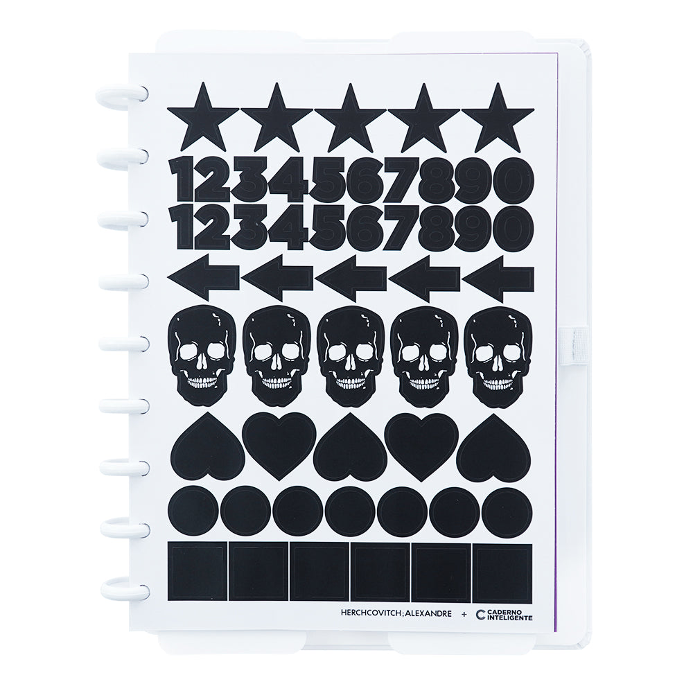 Caderno White Ink Médio, folha de adesivos.