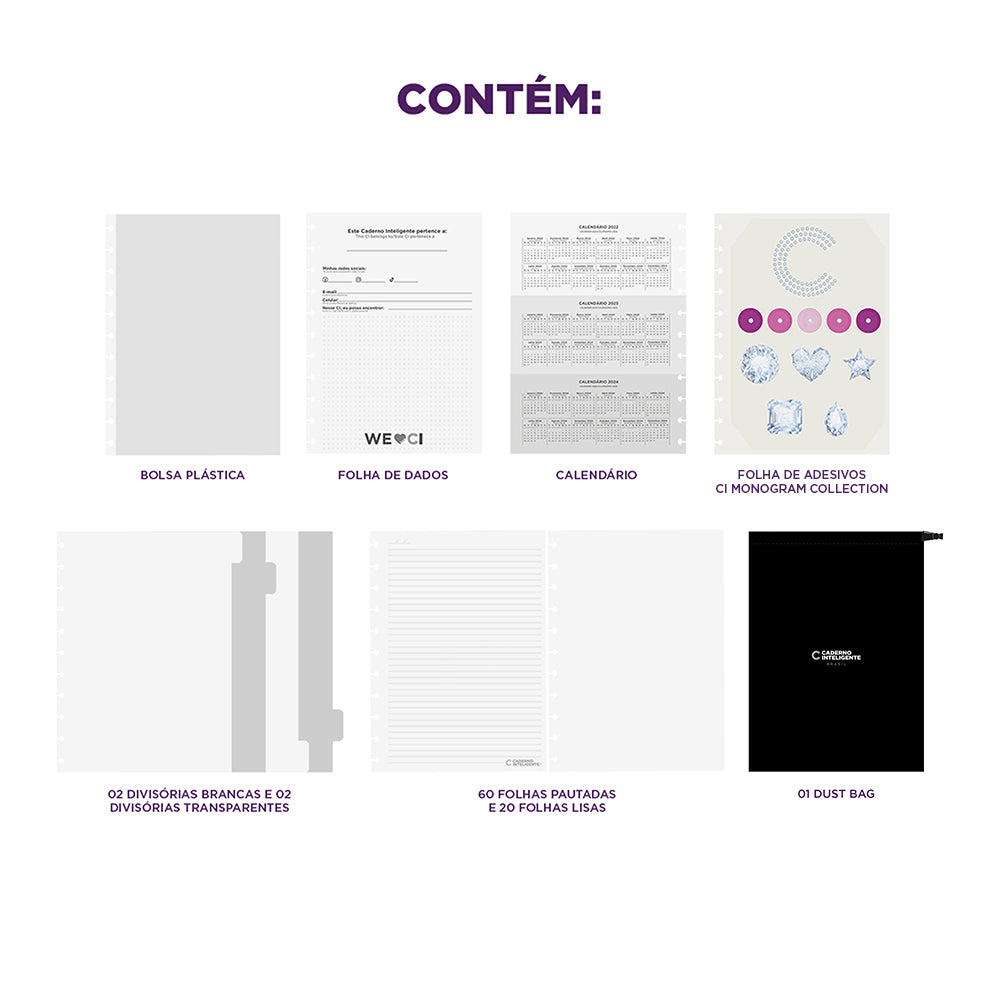 Conteúdo do Caderno Monogram Collection by Swarovski.