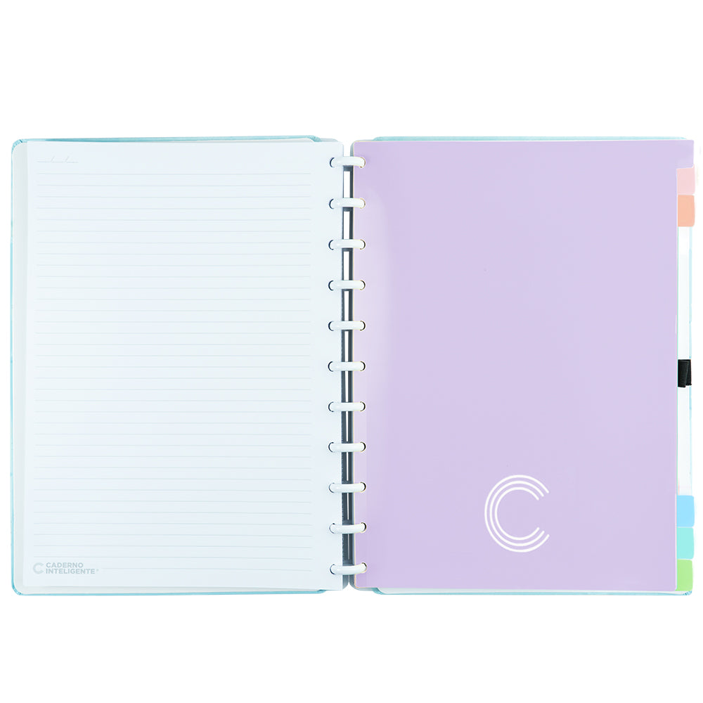 Divisórias para 6 matérias em um Caderno Inteligente do tamanho grande.