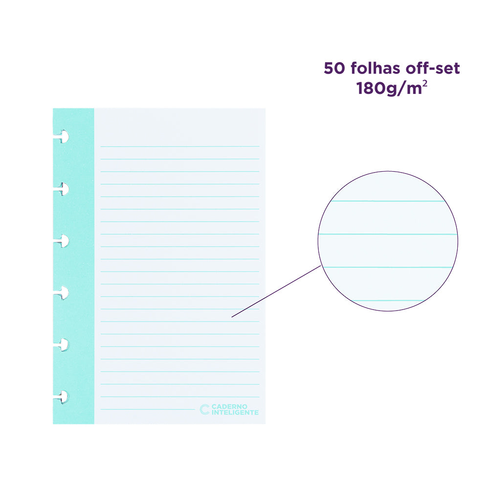 Detalhes das fichas pautadas verticais: 50 folhas off-set, 180 gramas por metro quadrado.