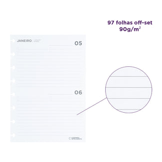 Detalhes do refil da agenda inteligente: 97 folhas off-set, 90 gramas por metro quadrado.