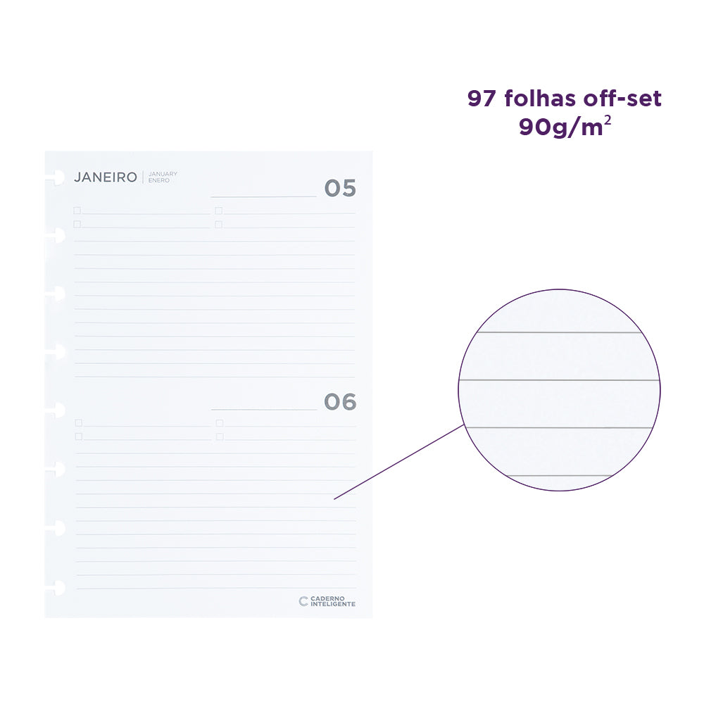 Detalhes do refil da agenda inteligente: 97 folhas off-set, 90 gramas por metro quadrado.