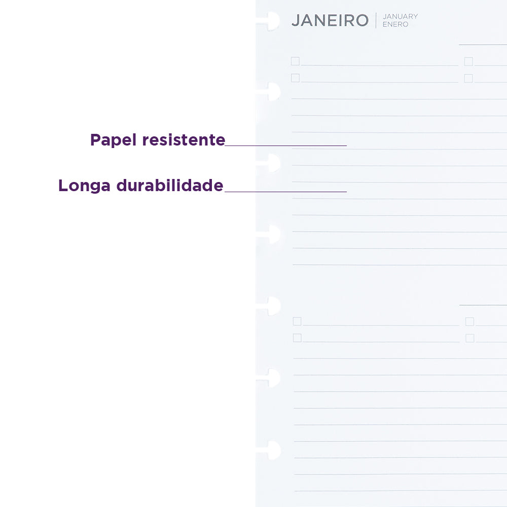 Vantagens do refil agenda inteligente: papel resistente e longa durabilidade.