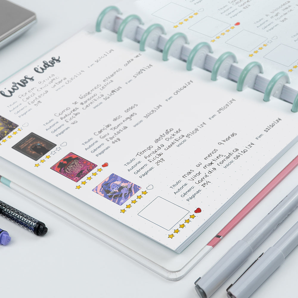 Exemplo de uso da lista de livros lidos, no refil de leitura A5.