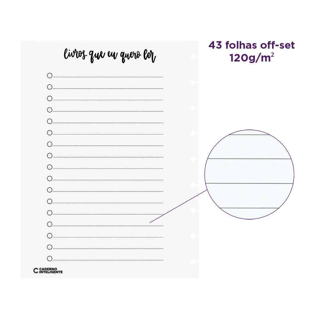 Detalhes do refil de leitura A5: 43 folhas off-set, 120 gramas por metro quadrado.