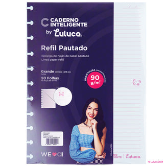 Pacote de 50 folhas, refil pautado Luluca, Grande.