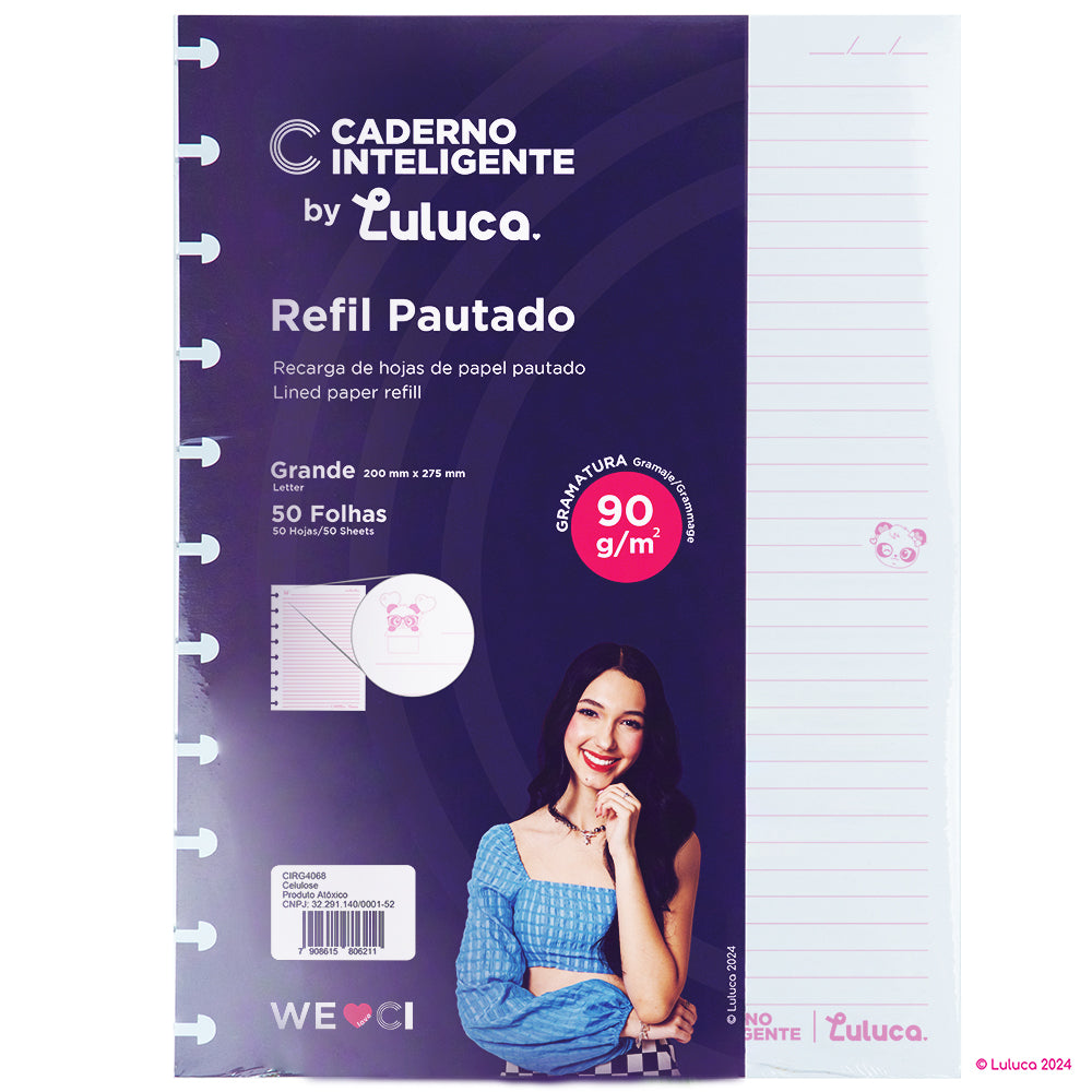 Pacote de 50 folhas, refil pautado Luluca, Grande.