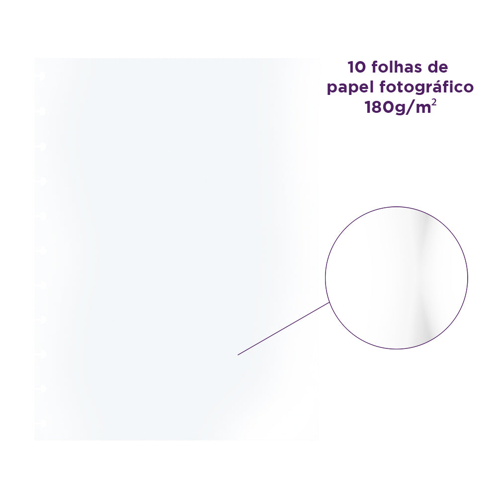 10 folhas de papel fotográfico, 180 gramas por metro quadrado.
