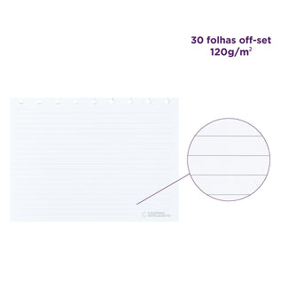 Detalhes do refil pautado horizontal: 30 folhas off-set, 120 gramas por metro quadrado.