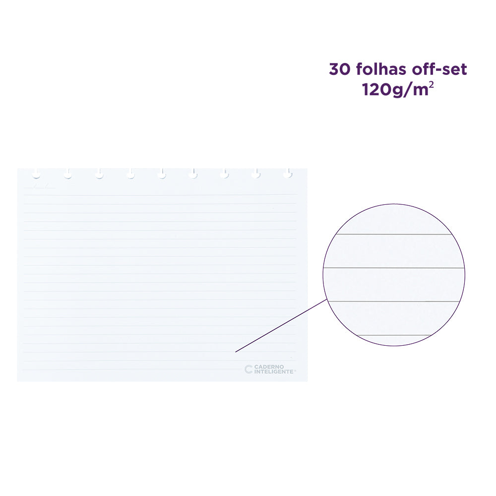 Detalhes do refil pautado horizontal: 30 folhas off-set, 120 gramas por metro quadrado.