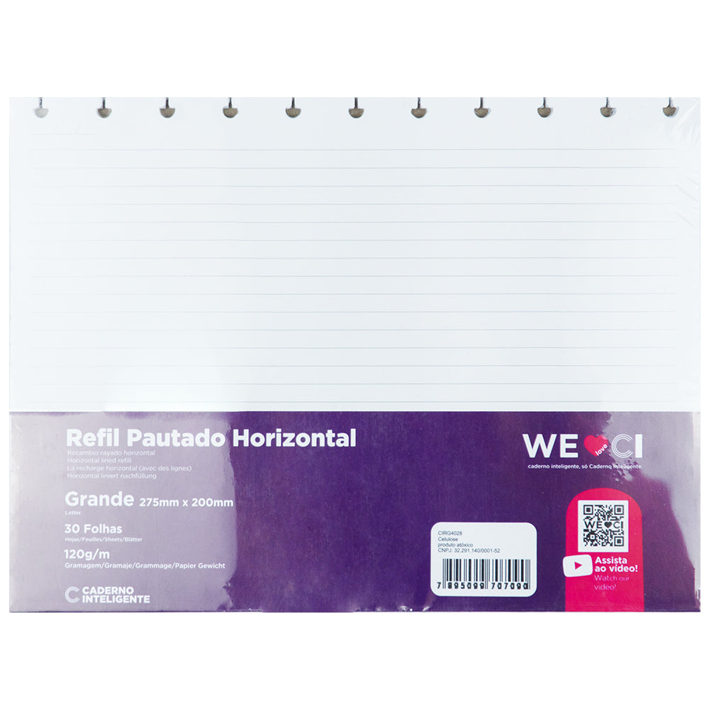Pacote de Refil Pautado Horizontal, tamanho grande.