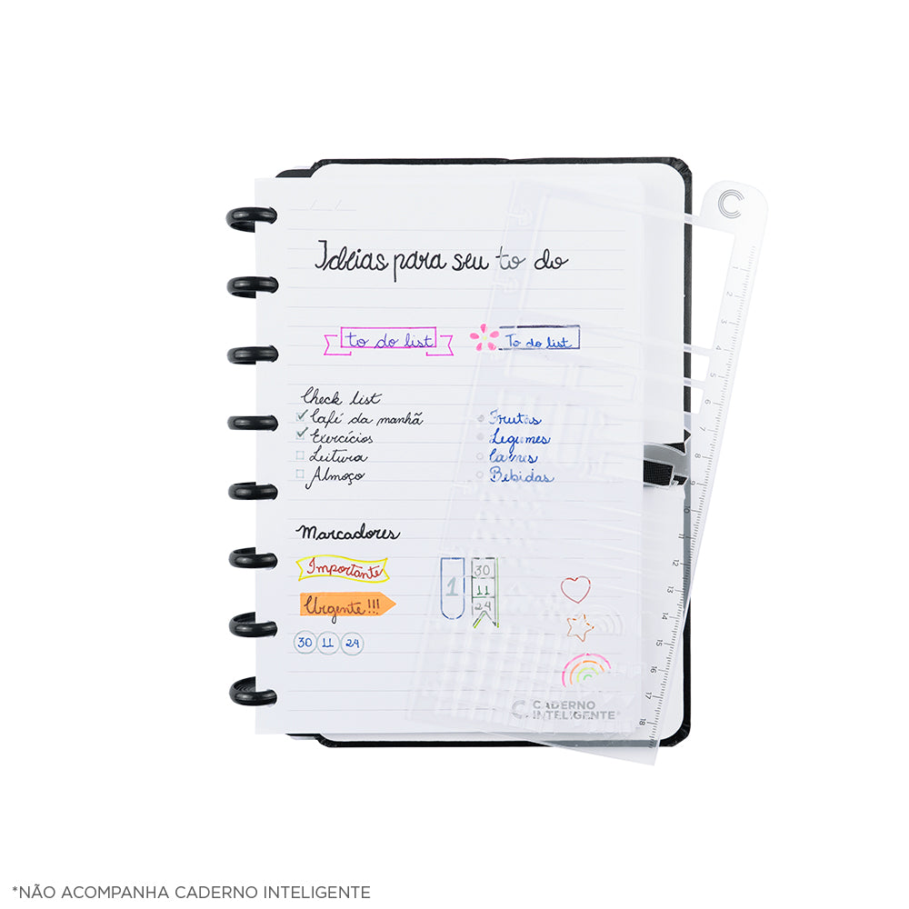 Régua Stencil apoiada em um Caderno Inteligente.