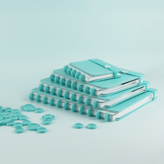 Cadernos, planners, agendas, e discos, todos de variados tamanhos, na cor azul claro.