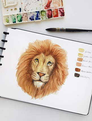 Caderno para pinturas, exemplo com um leão.