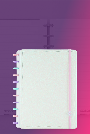 Caderno inteligente, com discos em três cores diferentes.